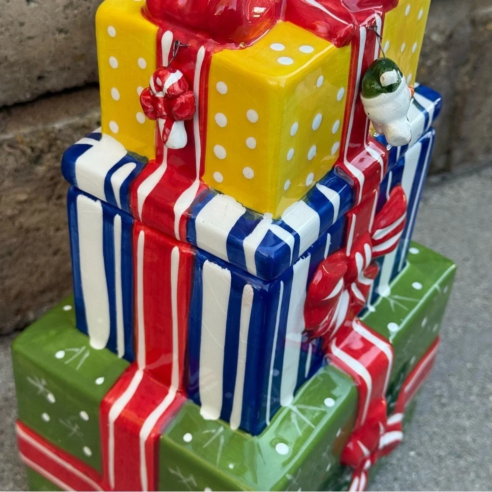Vintage Whimsical Ceramic Tower of Presents 12” Christmas Cookie Jar w/ornaments